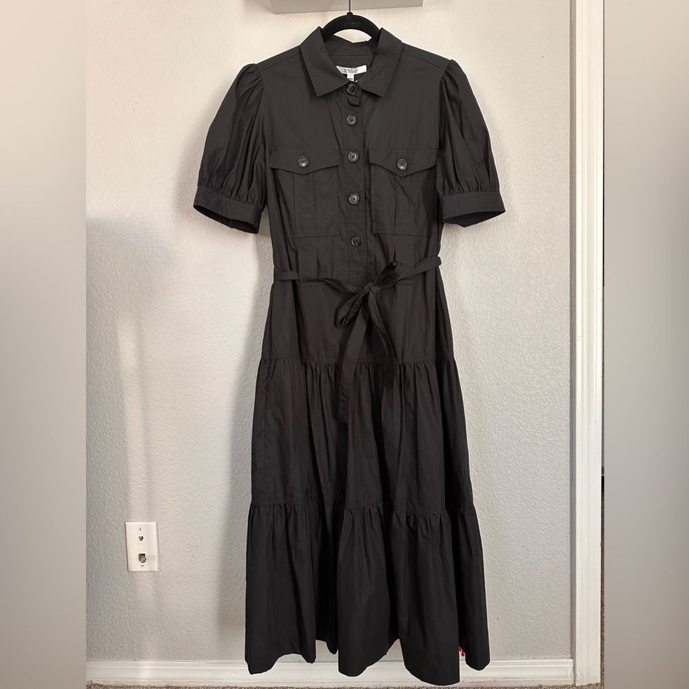 DEREK LAM 10 CROSBY | Buffy Black Short Sleeve Cotton Utility Midi Dress - Picture 5 of 7